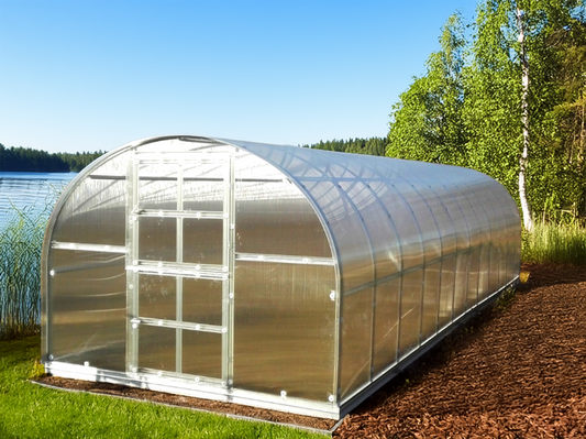 Kasvihuone Omega Strong terässokkelilla 18 m²